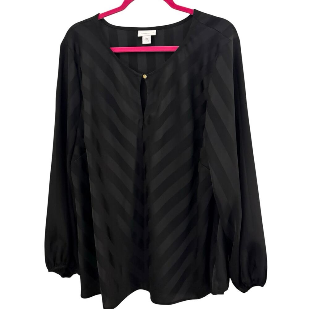 Liz Claiborne 2X Black Blouse Top Peekaboo Front Long Sleeve Flowy Whimsy Goth